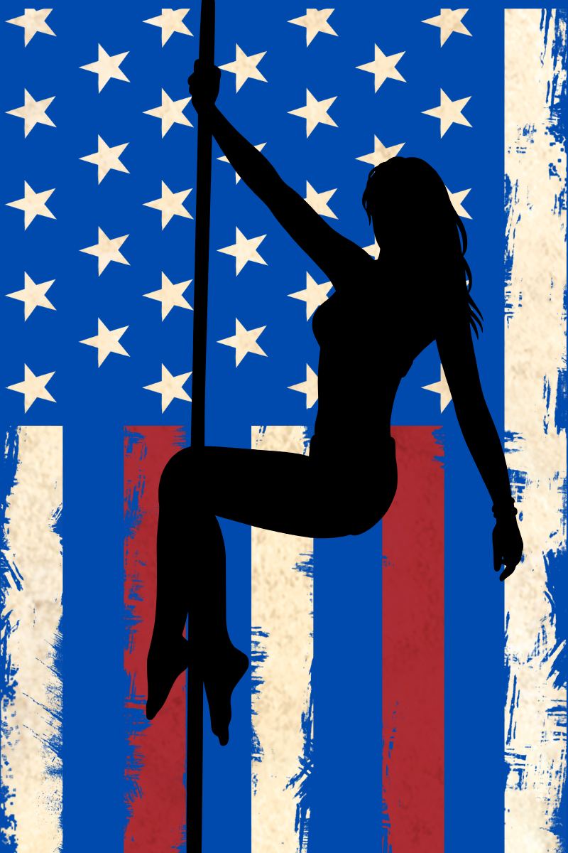 Pole Dancer Climbing Pole in Front of American Flag - Celebrating Freedom to Express Sexuality